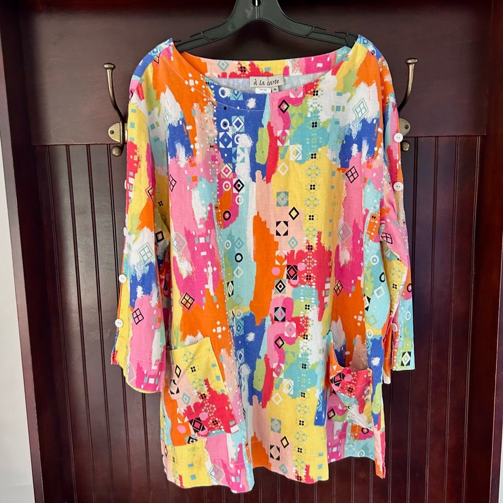 À LA CARTE Colorful Linen Abstract Print Tunic Top Boho Lagenlook Art to Wear XL - Picture 5 of 16